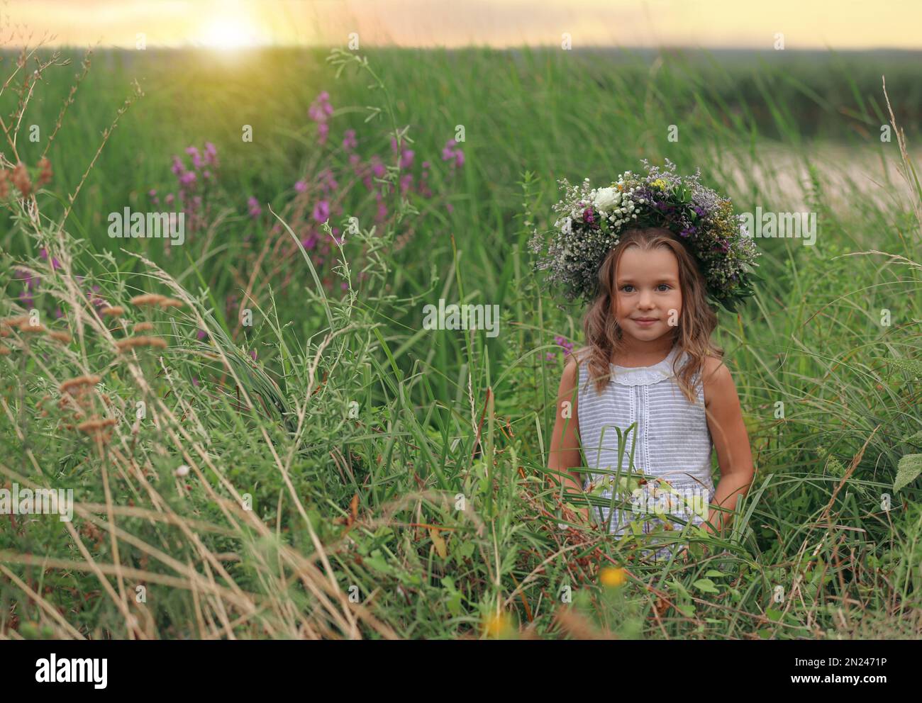 Cute little girl wearing wreath made of beautiful flowers in field ...