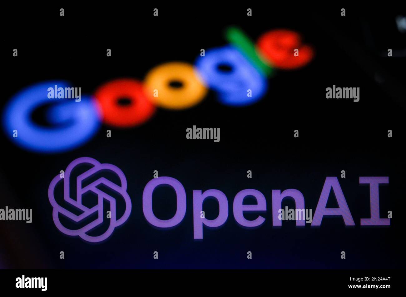 Warsaw, Poland. 04th Feb, 2023. The Google and OpenAI logos are seen in