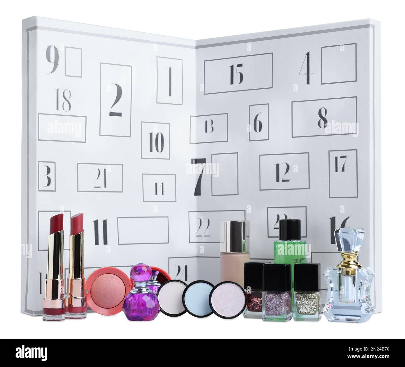 Christmas advent calendar with different cosmetics and perfumes isolated on white Stock Photo