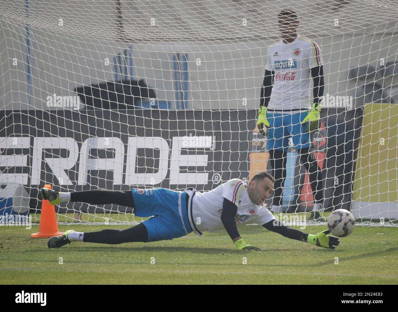 David Ospina, goalkeeper of Colombia's national soccer team, fails to stop the ball during a training session in Santiago, Chile, Tuesday June 23, 2015. Colombia will play against Argentina on June 26 in a Copa America quarter finals match. (AP Photo/Jorge Saenz) Stock Photo