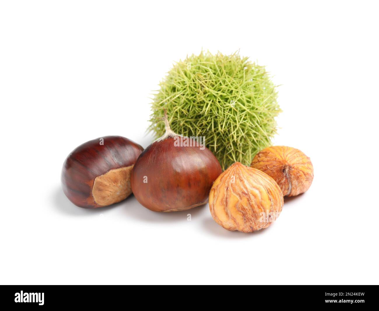 Fresh sweet edible chestnuts on white background Stock Photo