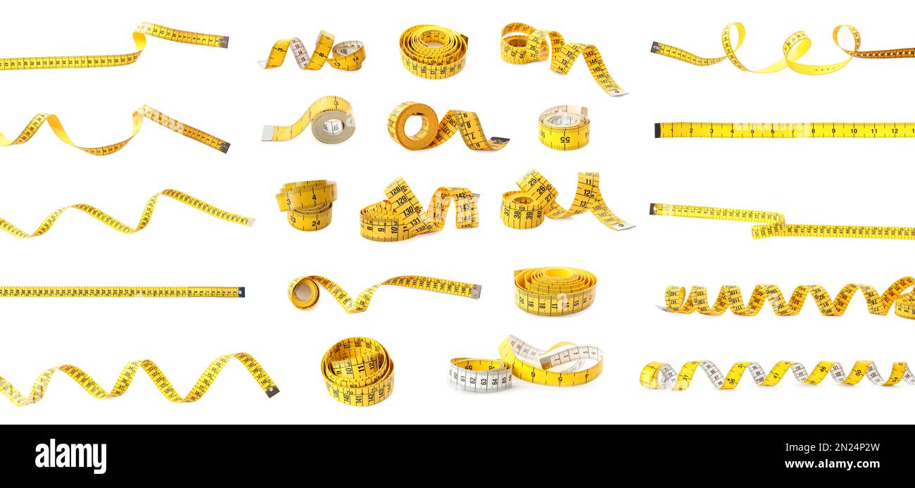 Set of yellow measuring tapes on white background. Banner design Stock