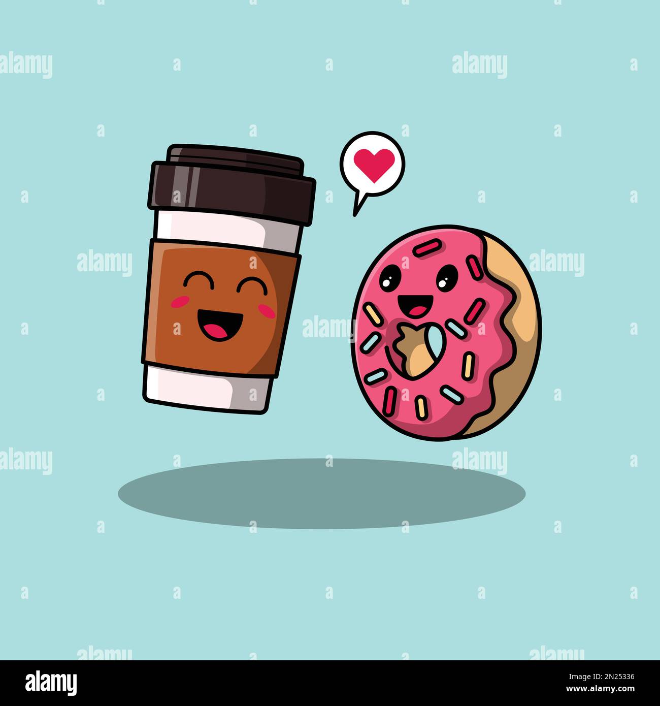 Doodle Cartoon of Coffee Cup and Donut. Love Couple Vector Illustration Design. Stock Vector