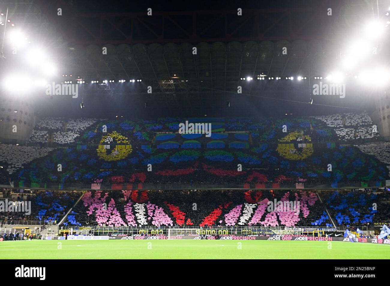 Milan, Italy. 05 February 2023. Fans of FC Internazionale in sector 'Curva Nord' display a giant tifo prior to the Serie A football match between FC Internazionale and AC Milan. Credit: Nicolò Campo/Alamy Live News Stock Photo