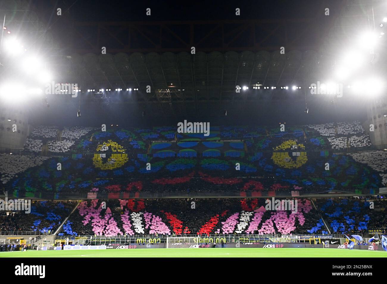 Milan, Italy. 05 February 2023. Fans of FC Internazionale in sector 'Curva Nord' display a giant tifo prior to the Serie A football match between FC Internazionale and AC Milan. Credit: Nicolò Campo/Alamy Live News Stock Photo