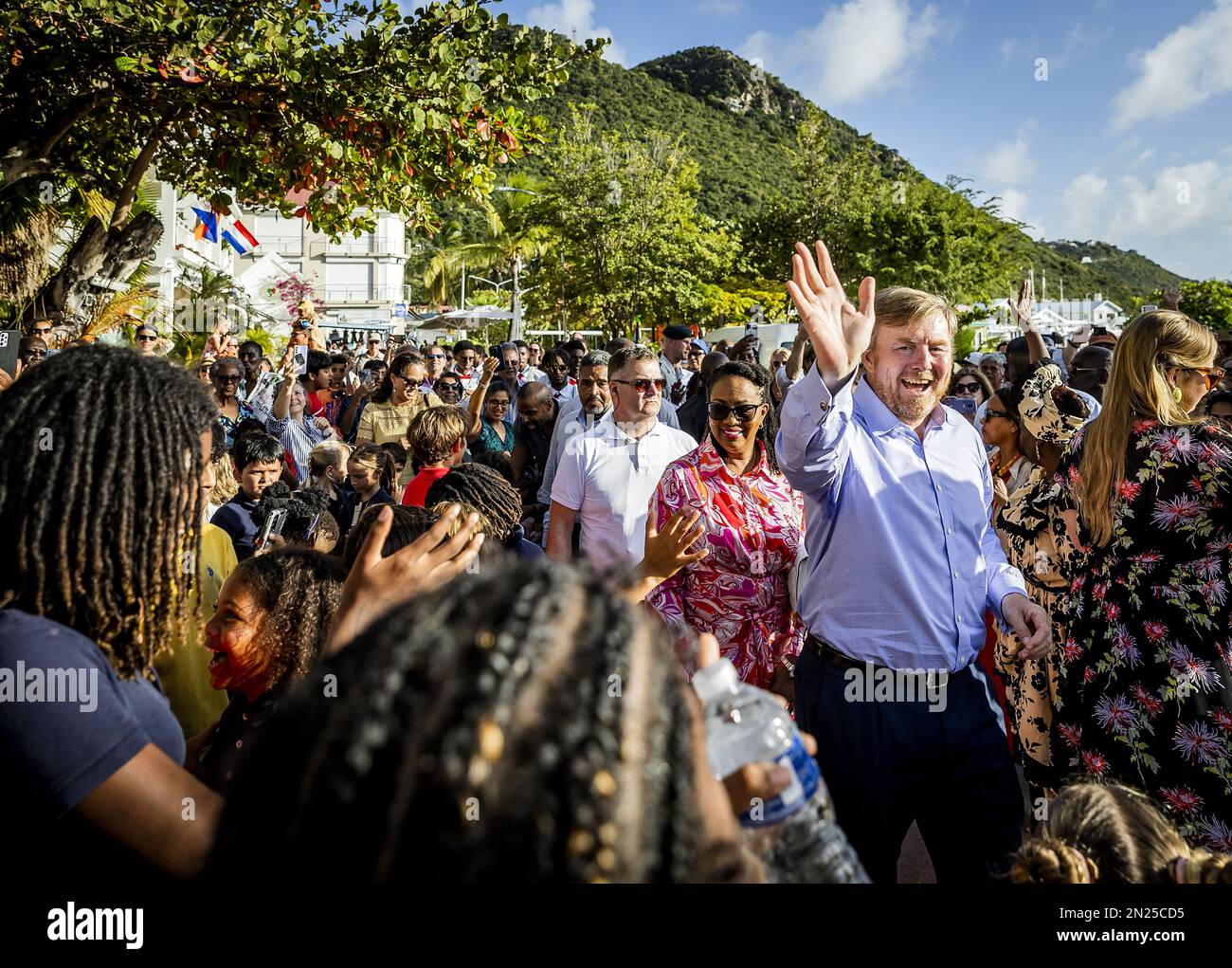 SINT MAARTEN - 06/02/2023, King Willem-Alexander, Queen Maxima and Princess Amalia during a walk with a concert on the Boardwalk of Philipsburg. The Crown Princess has a two-week introduction to the countries of Aruba, Curacao and Sint Maarten and the islands that form the Caribbean Netherlands: Bonaire, Sint Eustatius and Saba. ANP REMKO DE WAAL netherlands out - belgium out Stock Photo