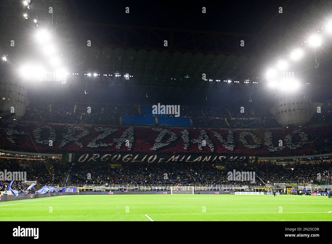 Milan, Italy. 05 February 2023. Fans of AC Milan in sector 'Curva Sud' display a giant tifo prior to the Serie A football match between FC Internazionale and AC Milan. Credit: Nicolò Campo/Alamy Live News Stock Photo