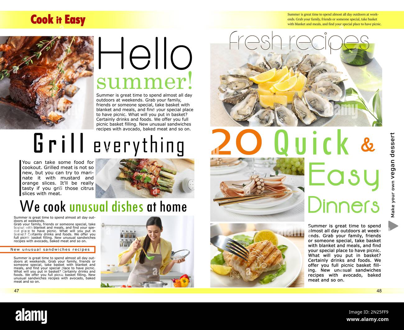 Cook It Easy magazine page spread design. Articles and different images Stock Photo