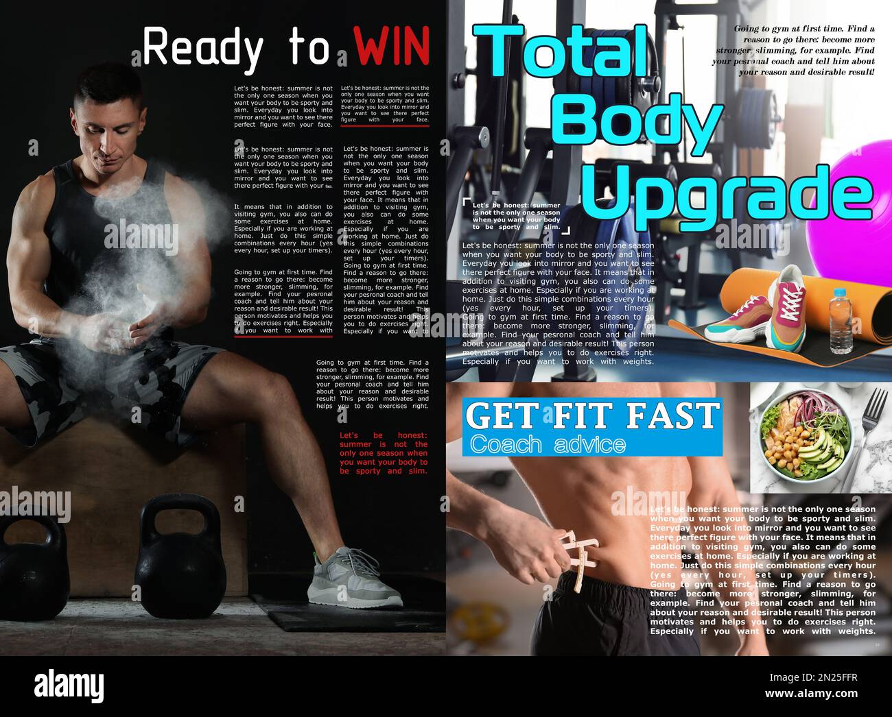 Sport magazine page spread design. Articles and different images Stock Photo