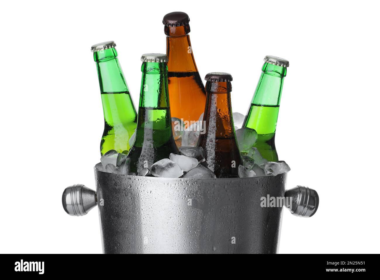 Metal bucket with bottles of beer and ice cubes isolated on white Stock