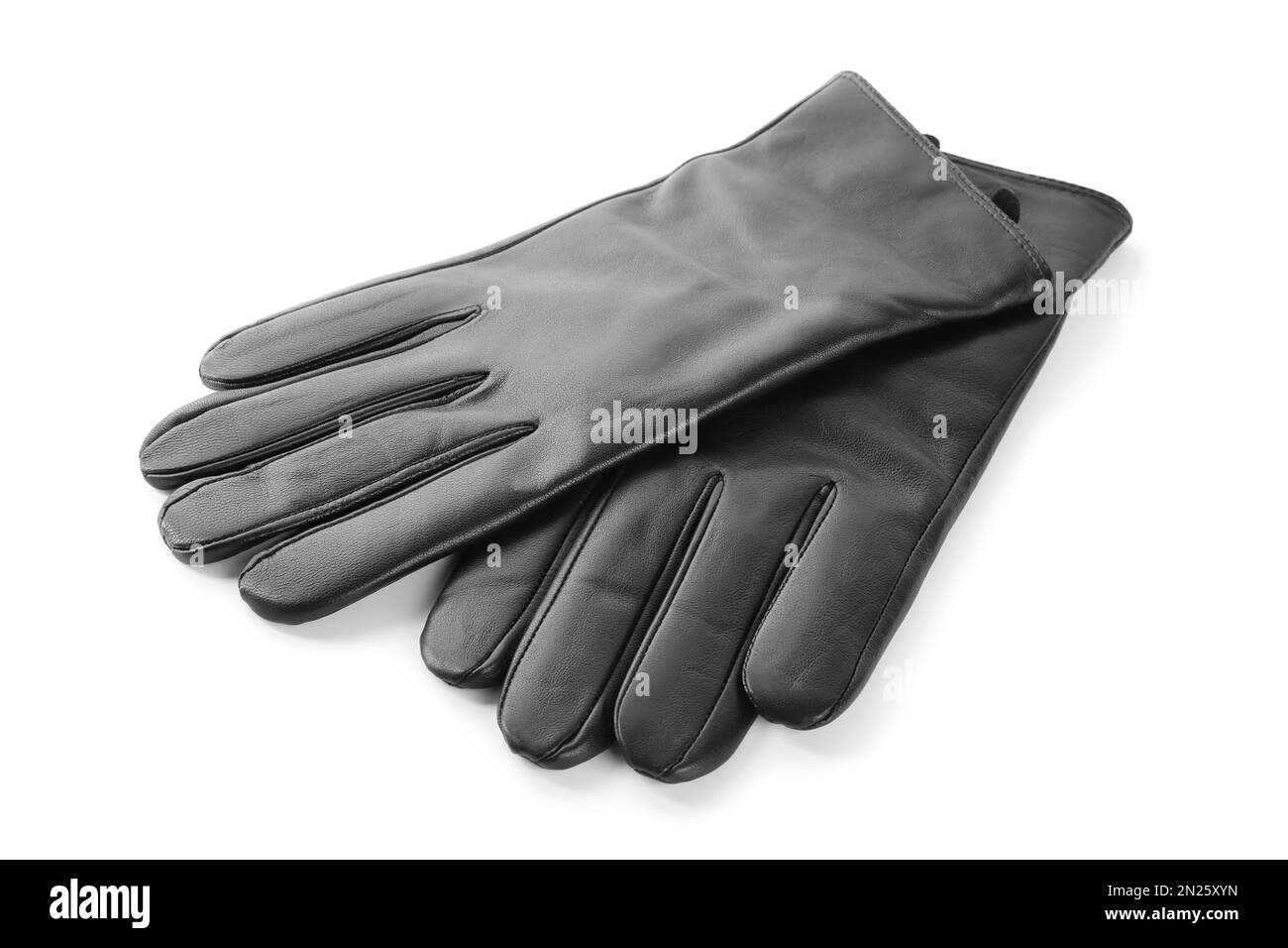 Stylish black leather gloves on white background Stock Photo Alamy