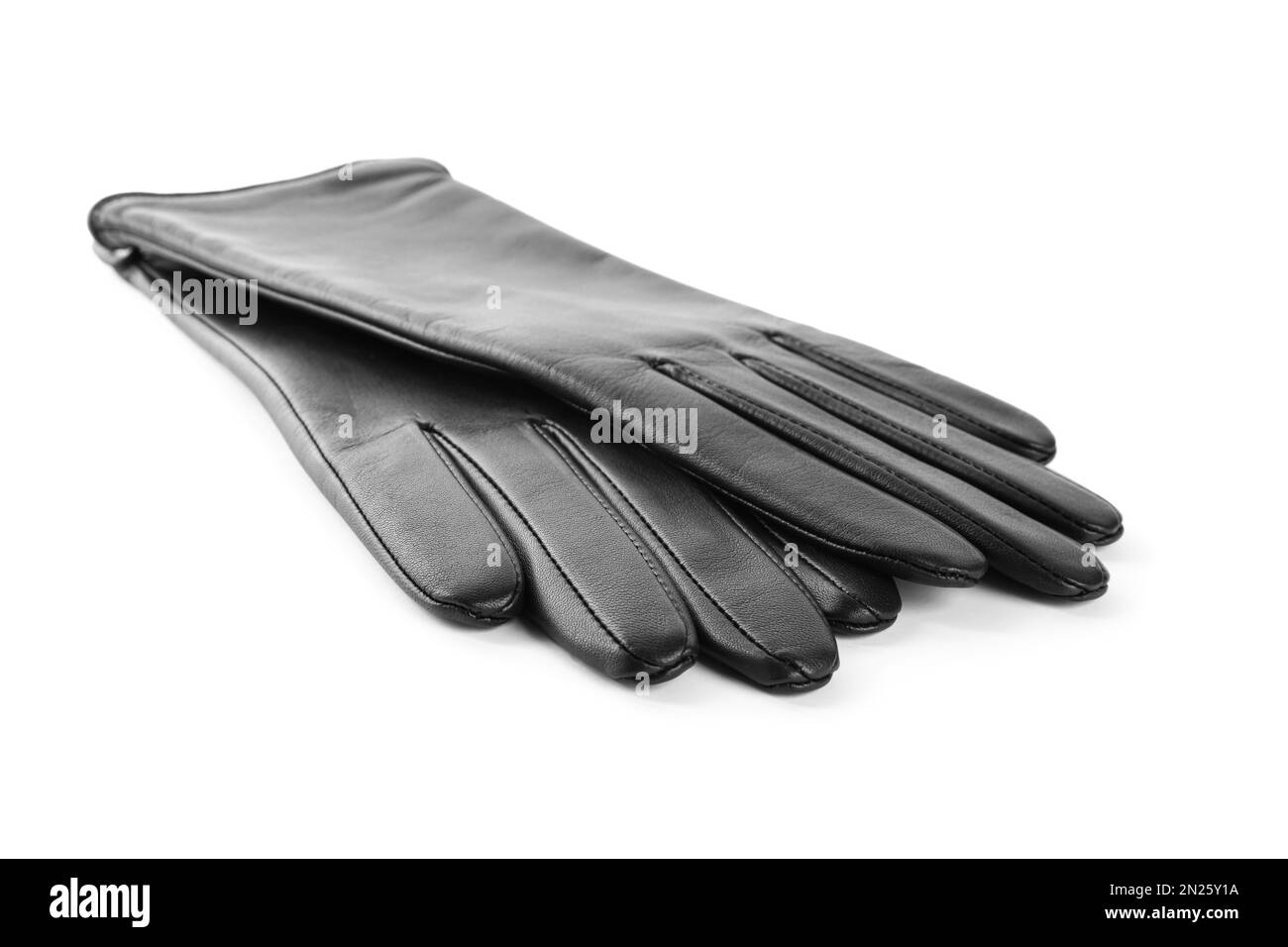 Stylish black leather gloves on white background Stock Photo