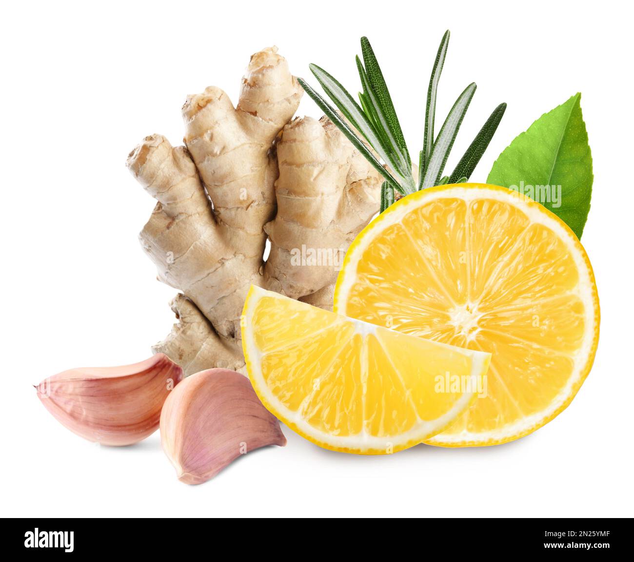 Ginger root, lemon, garlic and rosemary on white background Stock Photo