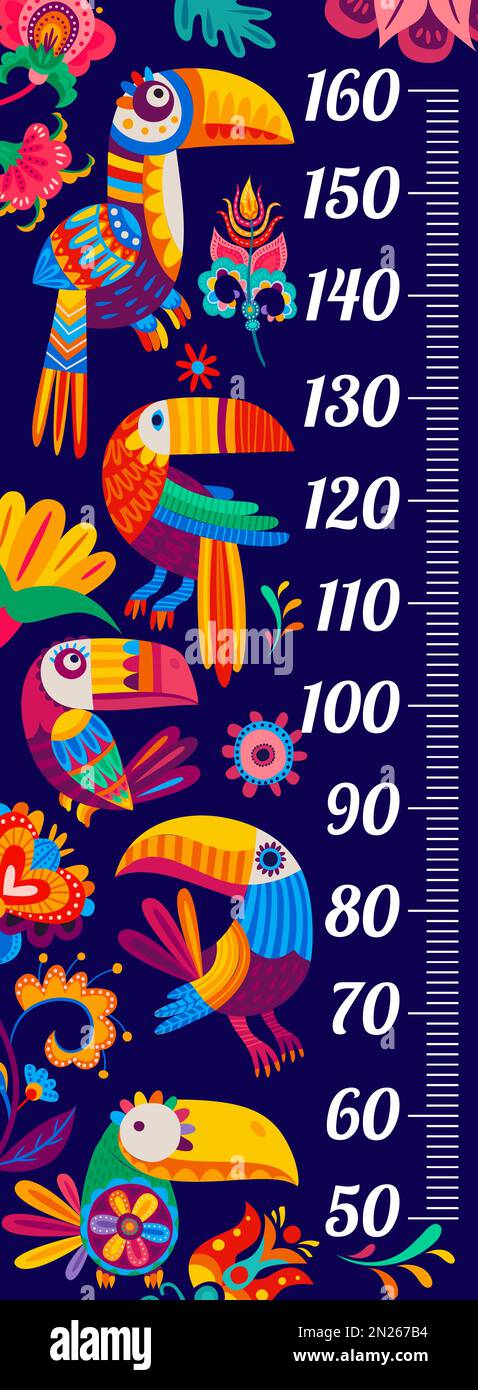 Kids height chart with cartoon brazilian toucan birds. Vector growth meter with colorful funny tropical birds in traditional mexican alebrije style. Wall sticker for children height measurement scale Stock Vector