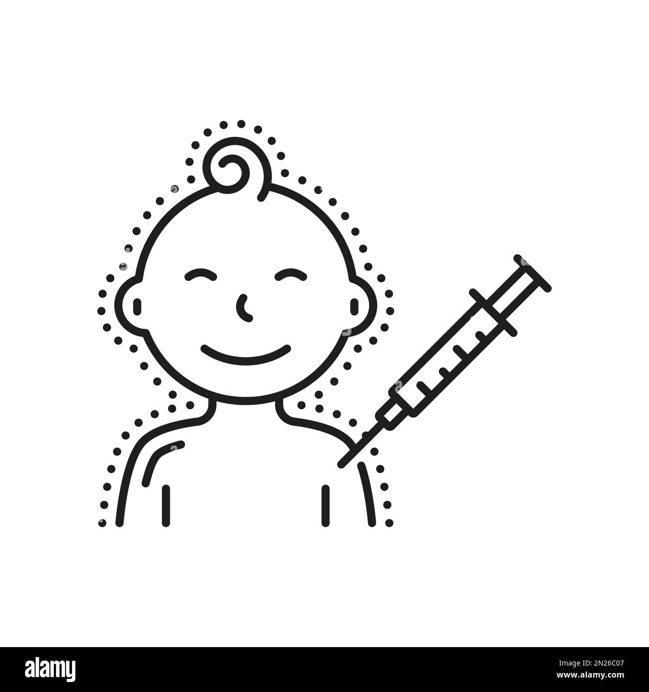 Immunization of baby child, smallpox vaccine syringe for boy or girl isolated outline icon. Vector chicken pox vaccination, healthcare concept Stock Vector