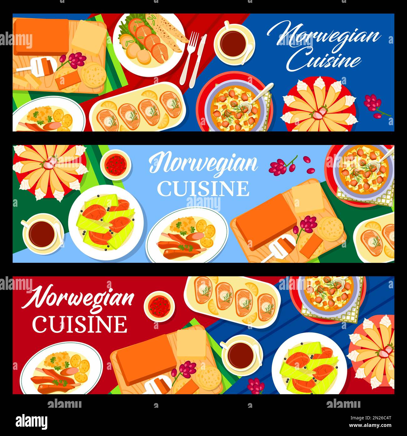 Norwegian cuisine banners, Scandinavian food dishes or lunch and dinner ...