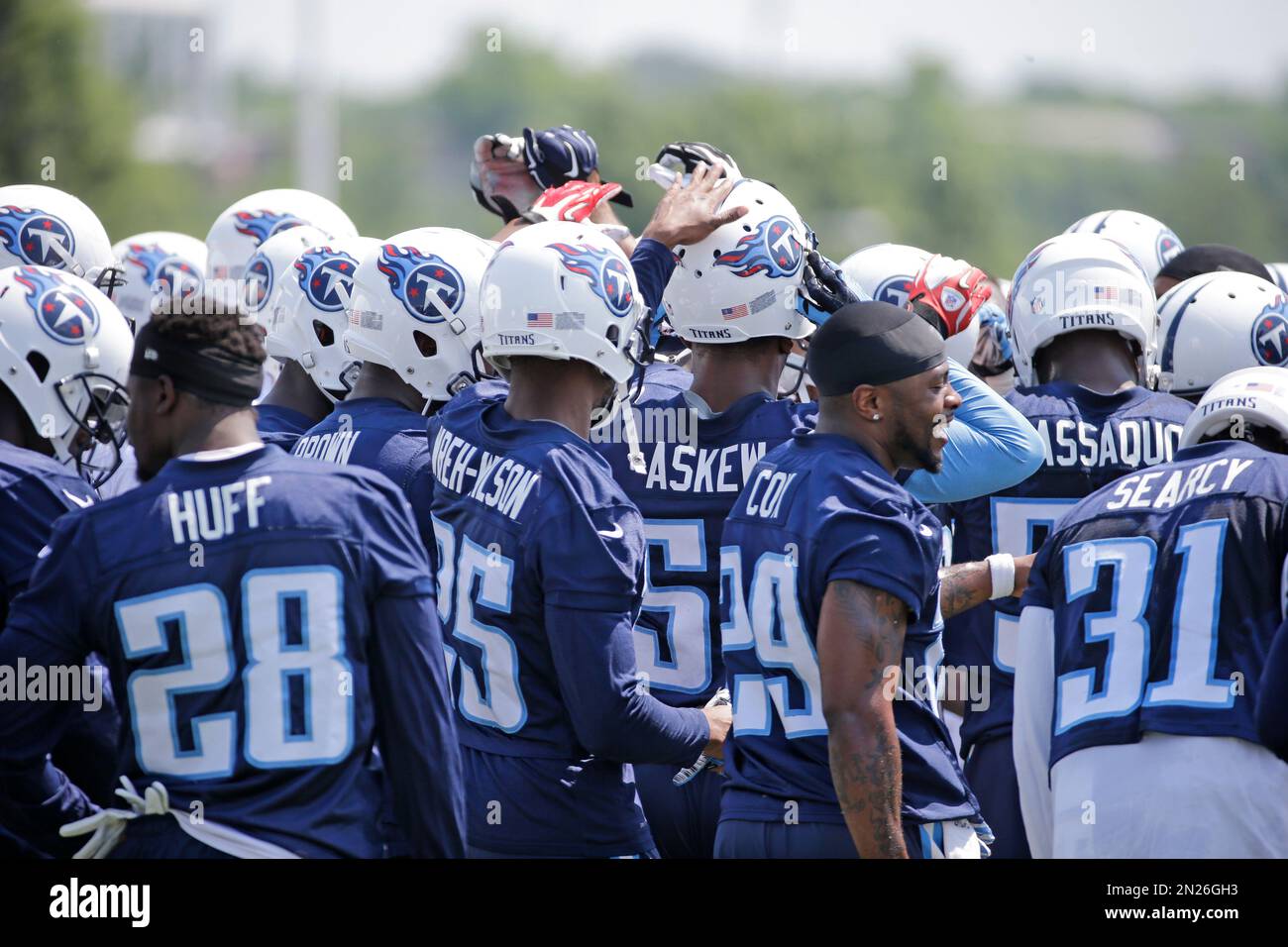 Tennessee Titans players gather during an organized team activity at