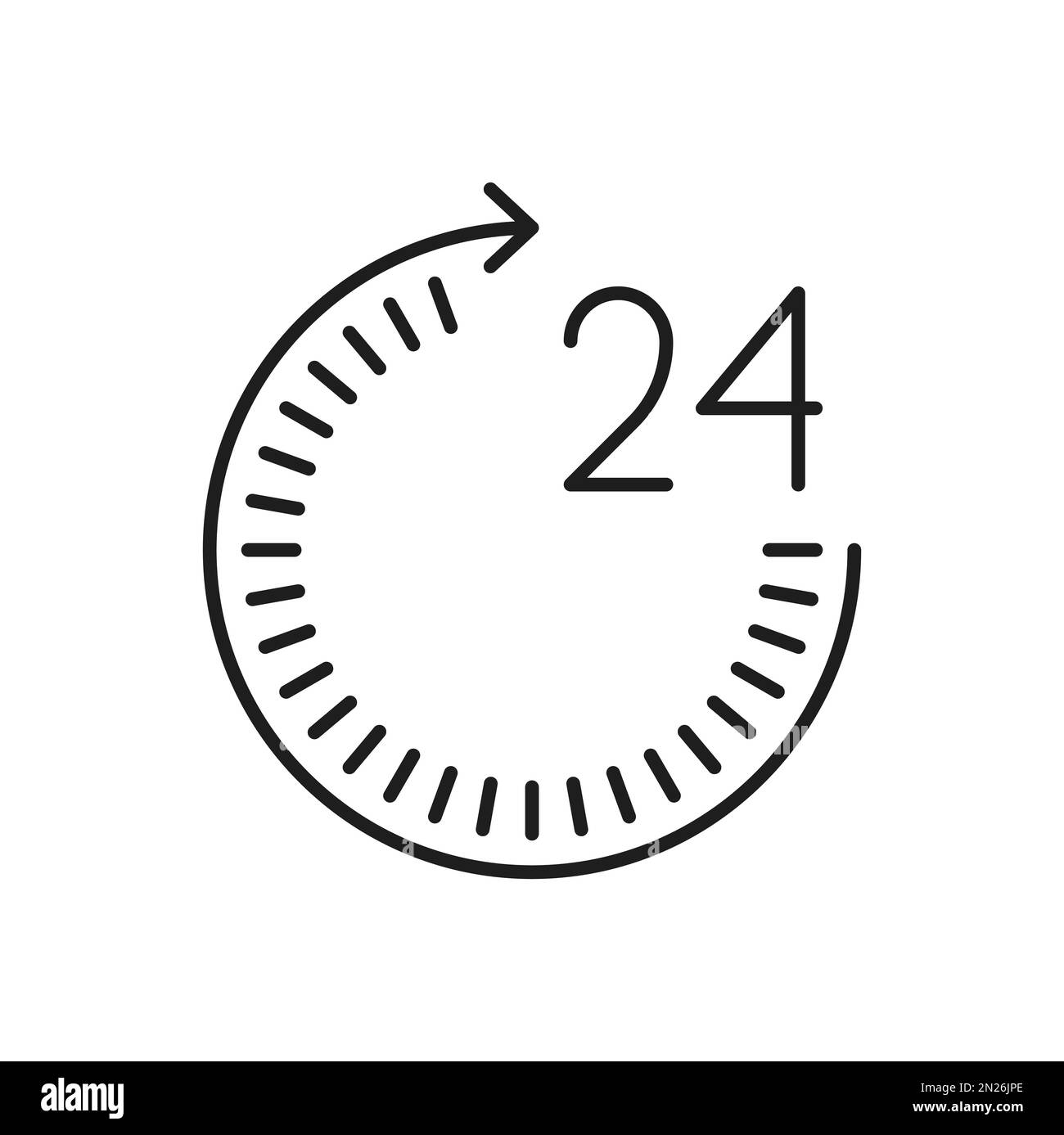 Order execution in 24 hour, round watch with arrow thin line icon. Vector all day working hours. 24 hrs delivery service, support service work time Stock Vector