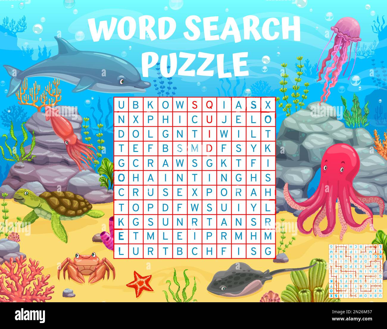 Cartoon Underwater Landscape And Animals Word Search Puzzle Game Kids ...