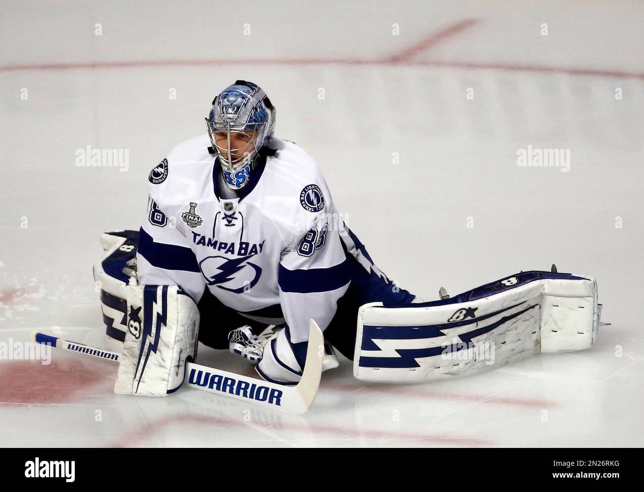 Tampa Bay Lightning goalie Andrei Vasilevskiy warms up before the start of Game 4 of the NHL