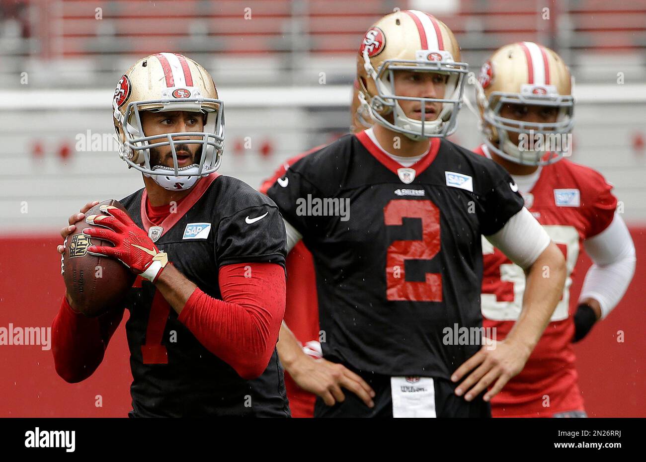 San Francisco 49ers quarterback Colin Kaepernick (7) passes as Blaine