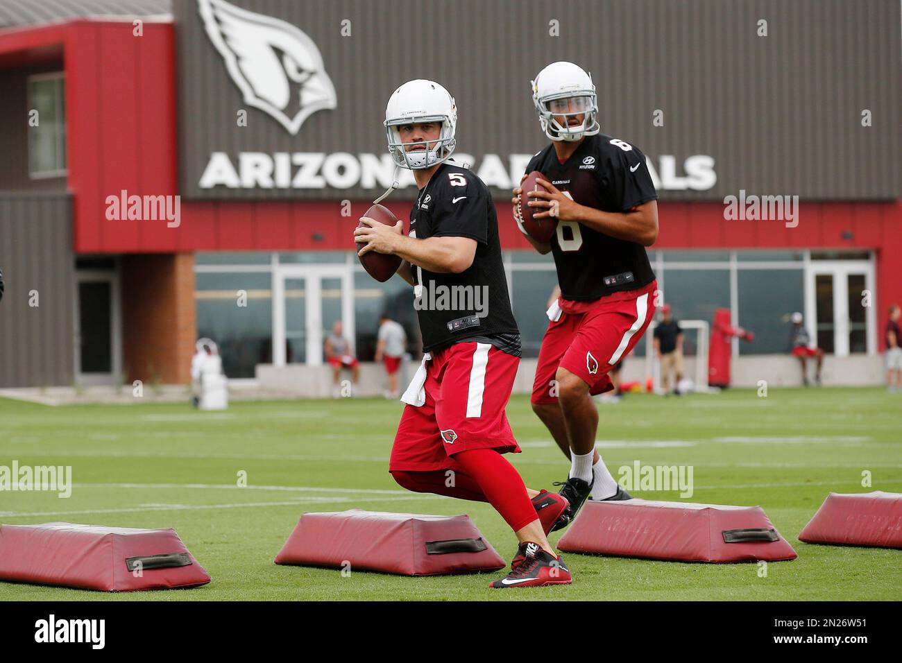 Arizona Cardinals quarterbacks Drew Stanton, left, and Logan Thomas