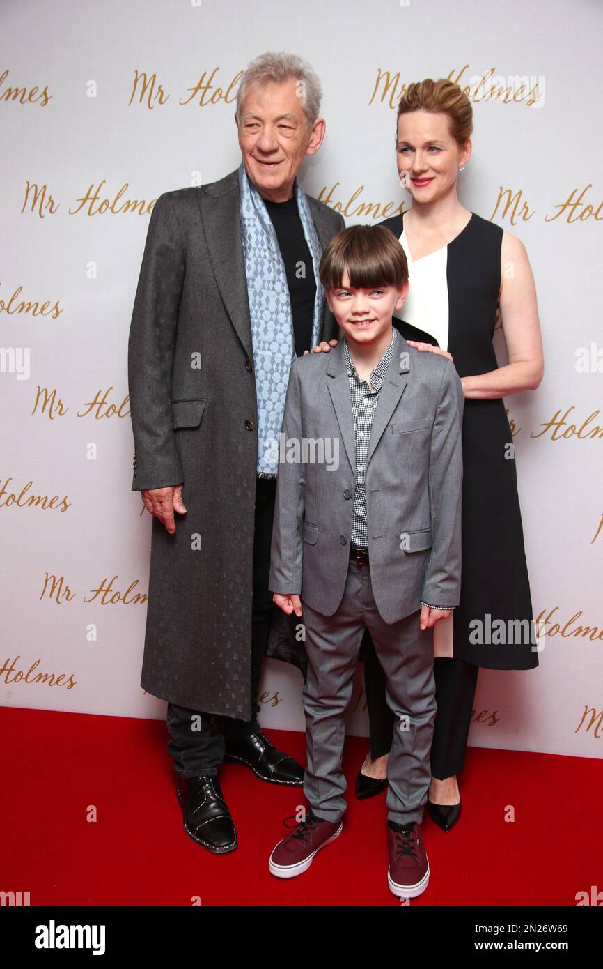 Milo Linney Sir Ian McKellen, Laura Linney and Milo Parker pose for photographers ...