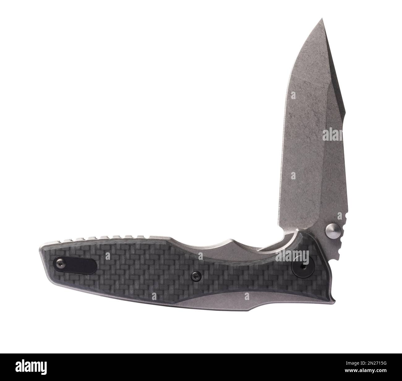 Folding tactical knife that has its blade partially open Stock Photo