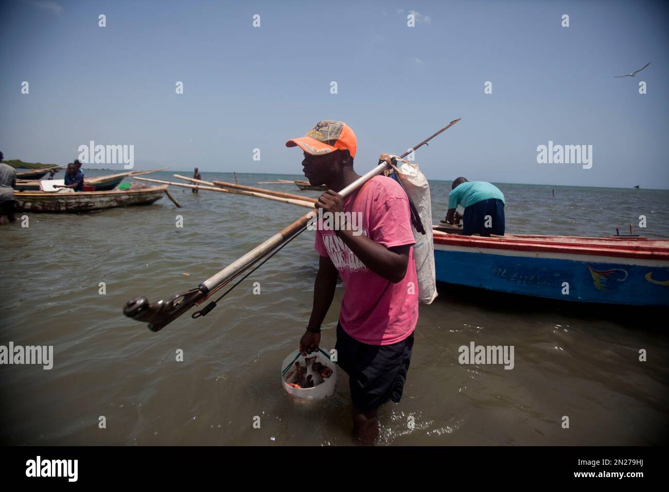 In this May 14, 2015 photo, fisherman Wilfrid Desarme, 30, carries a