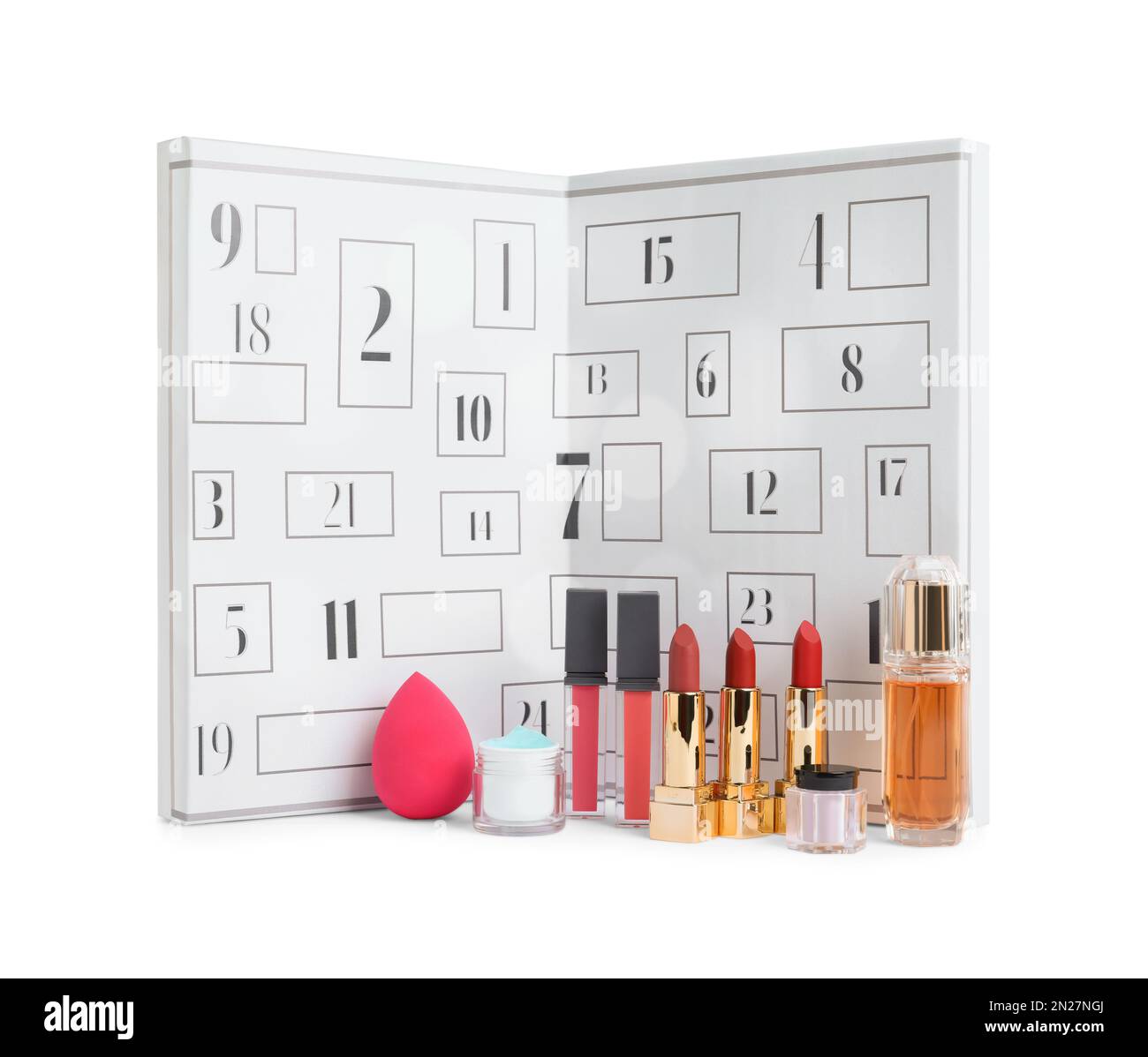 Christmas advent calendar with different cosmetics and perfume isolated on white Stock Photo Alamy