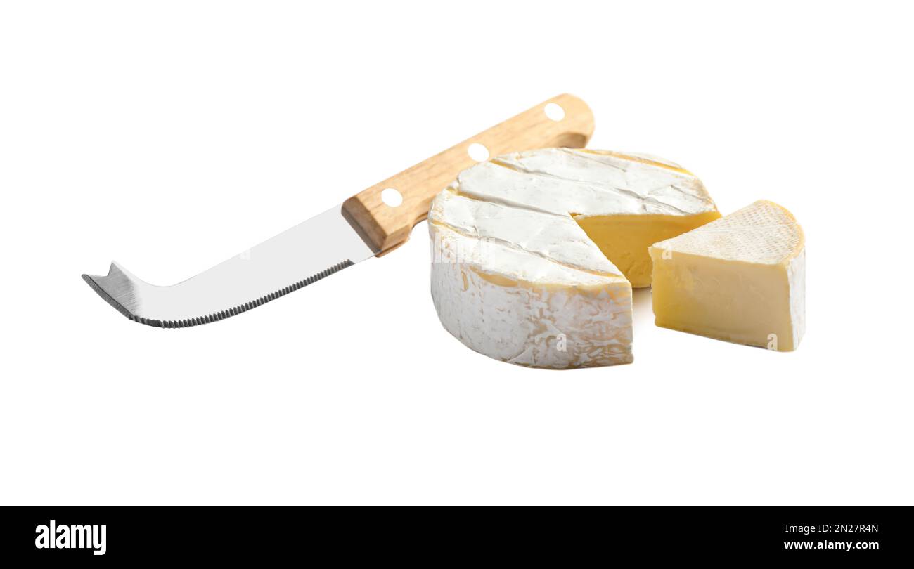 Cut Camembert cheese and knife on white background Stock Photo Alamy