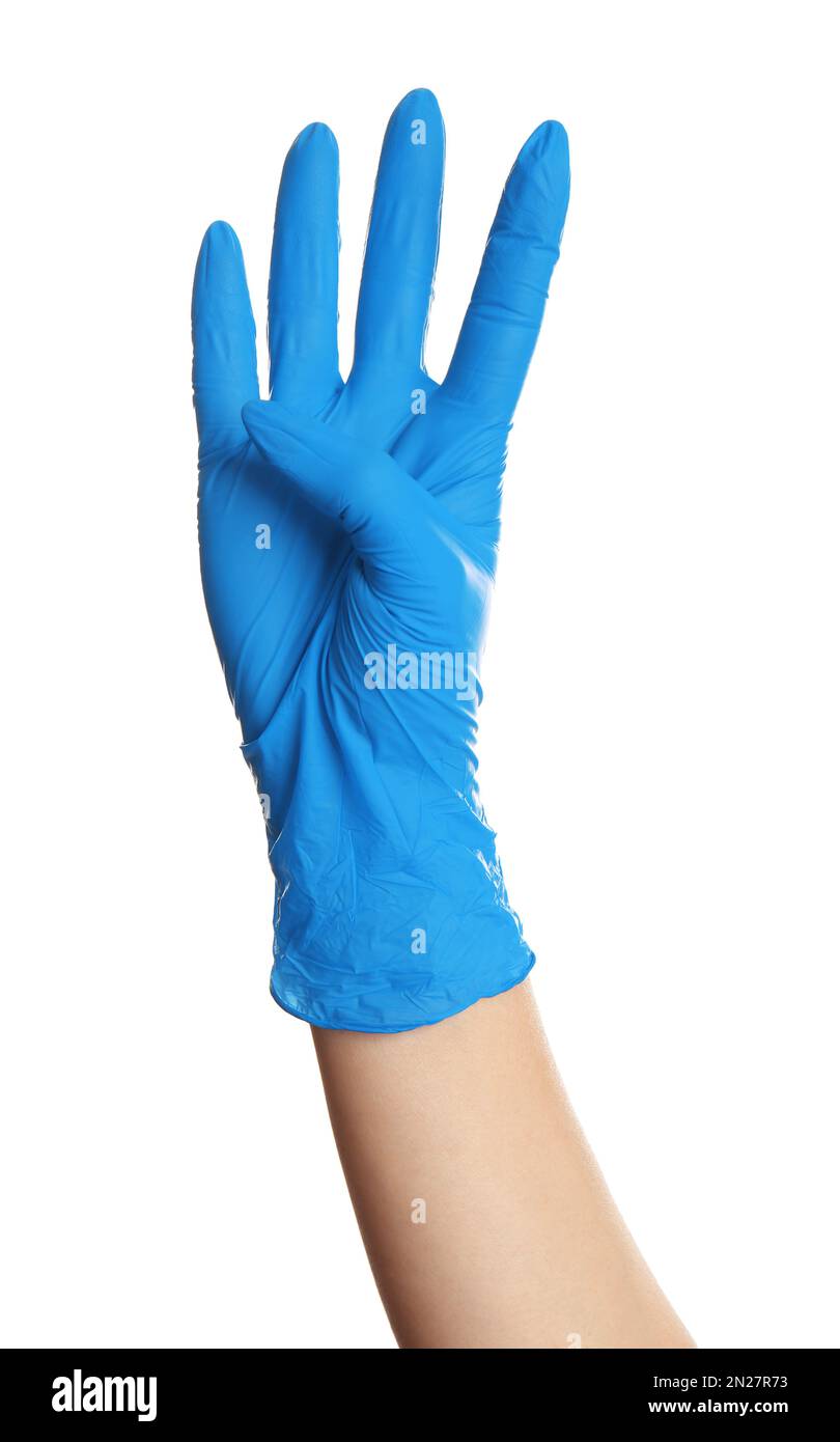 Woman in blue latex gloves showing four fingers on white background
