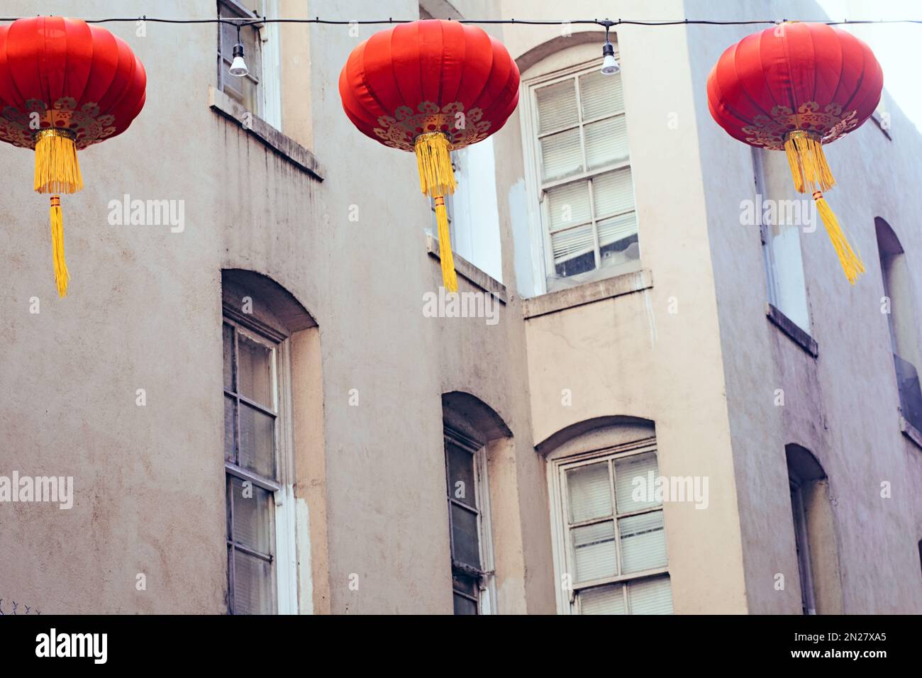 Red Chinese Paper Lanterns hanging on a street in Chinatown,San