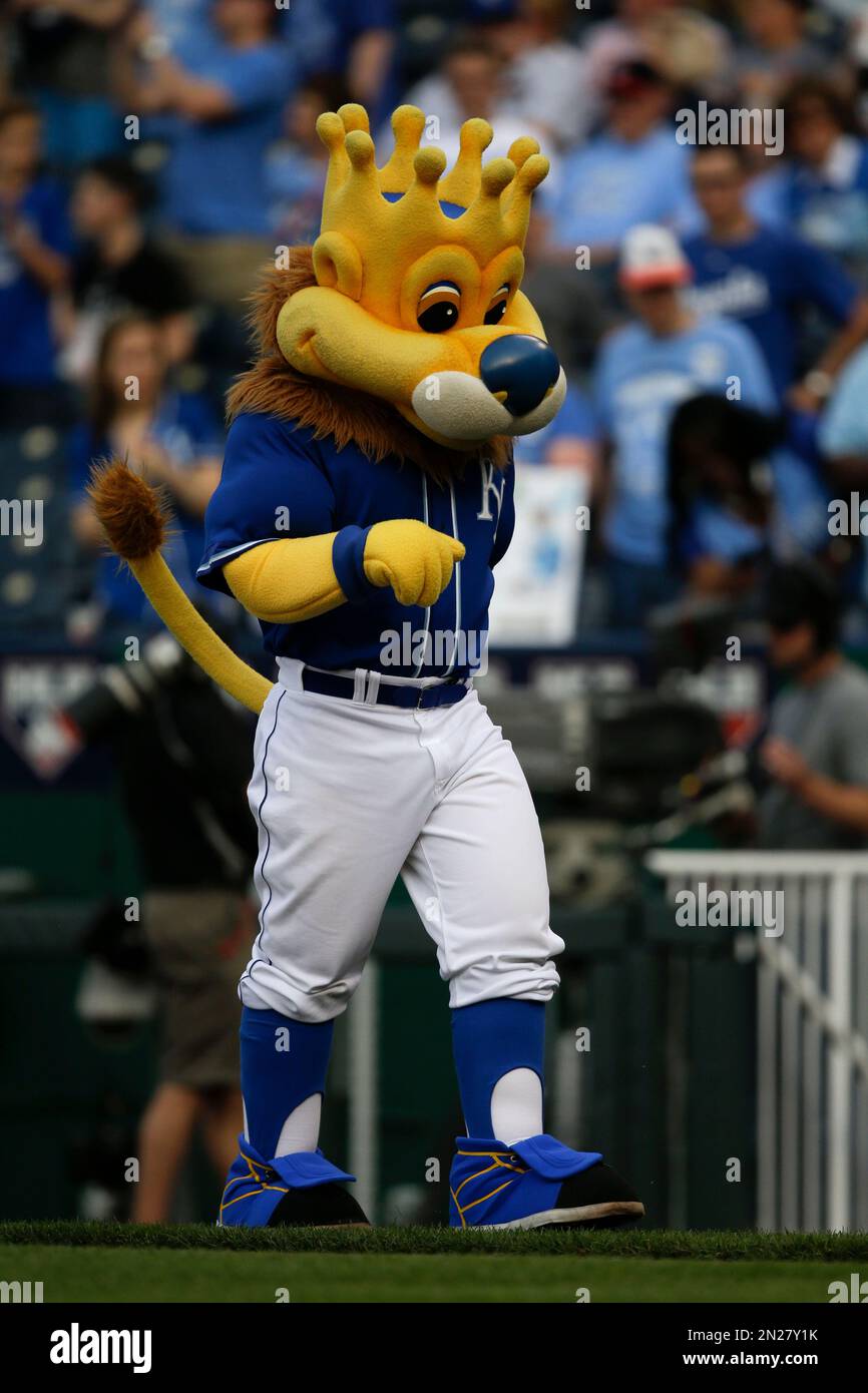 Kansas City Royals mascot Sluggerrr kicks up his heals while wearing an  Irish-themed hat before a game against the Minnesota Twins on Wednesday,  Aug. 27, 2014, at Kauffman Stadium in Kansas City