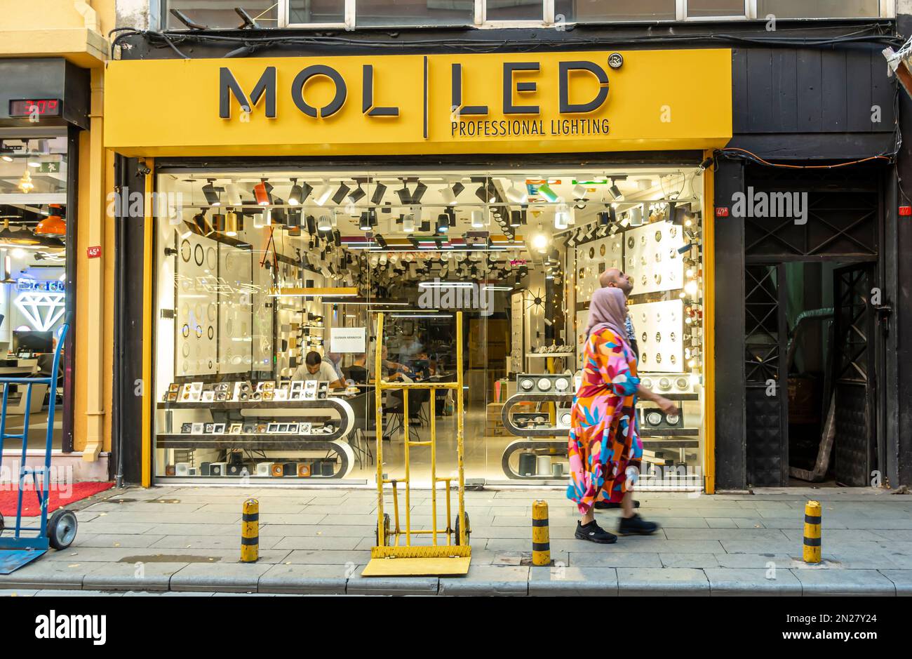MOL LED. Lighting fixtures shop in Beyouglu Istanbul. The district is full of shops selling modern lighting equipment, lamps Stock Photo