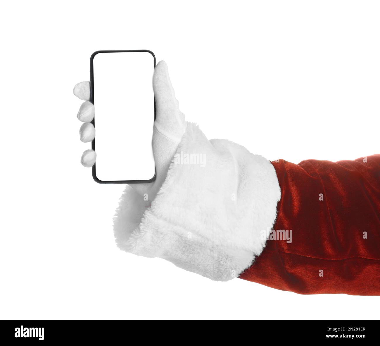 Santa holding modern mobile phone with blank screen on white background ...