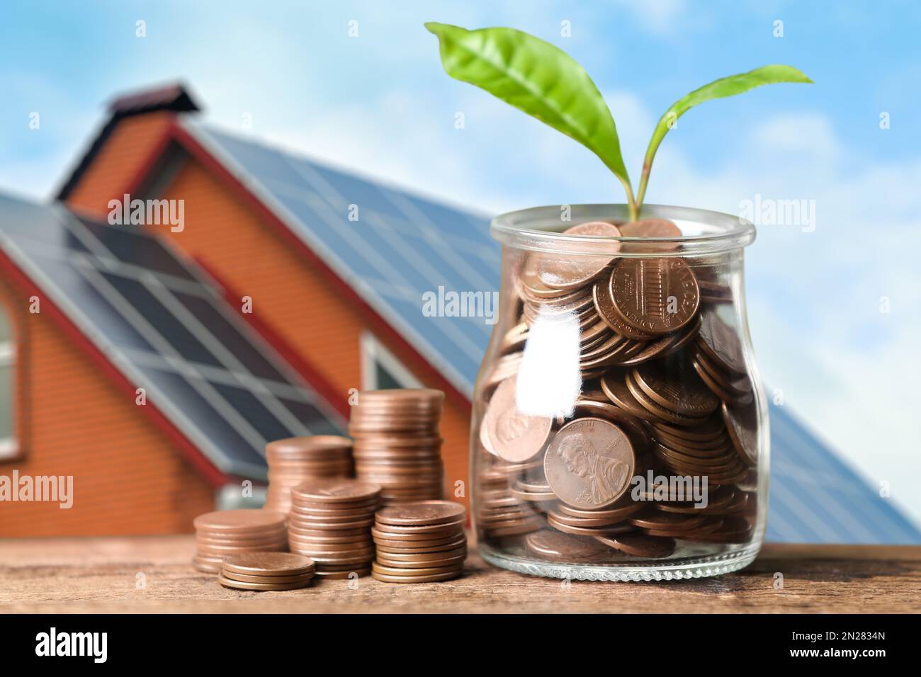 money-and-sprout-against-house-with-installed-solar-panels-on-roof