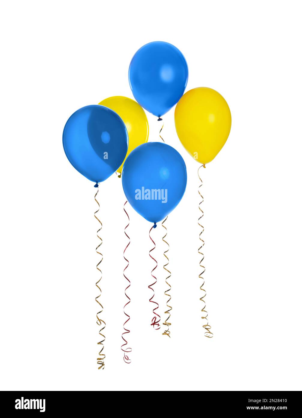 Many balloons in colors of Ukrainian flag on white background Stock Photo