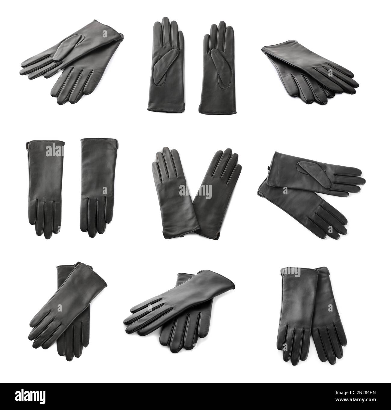 Set of black leather gloves on white background Stock Photo Alamy