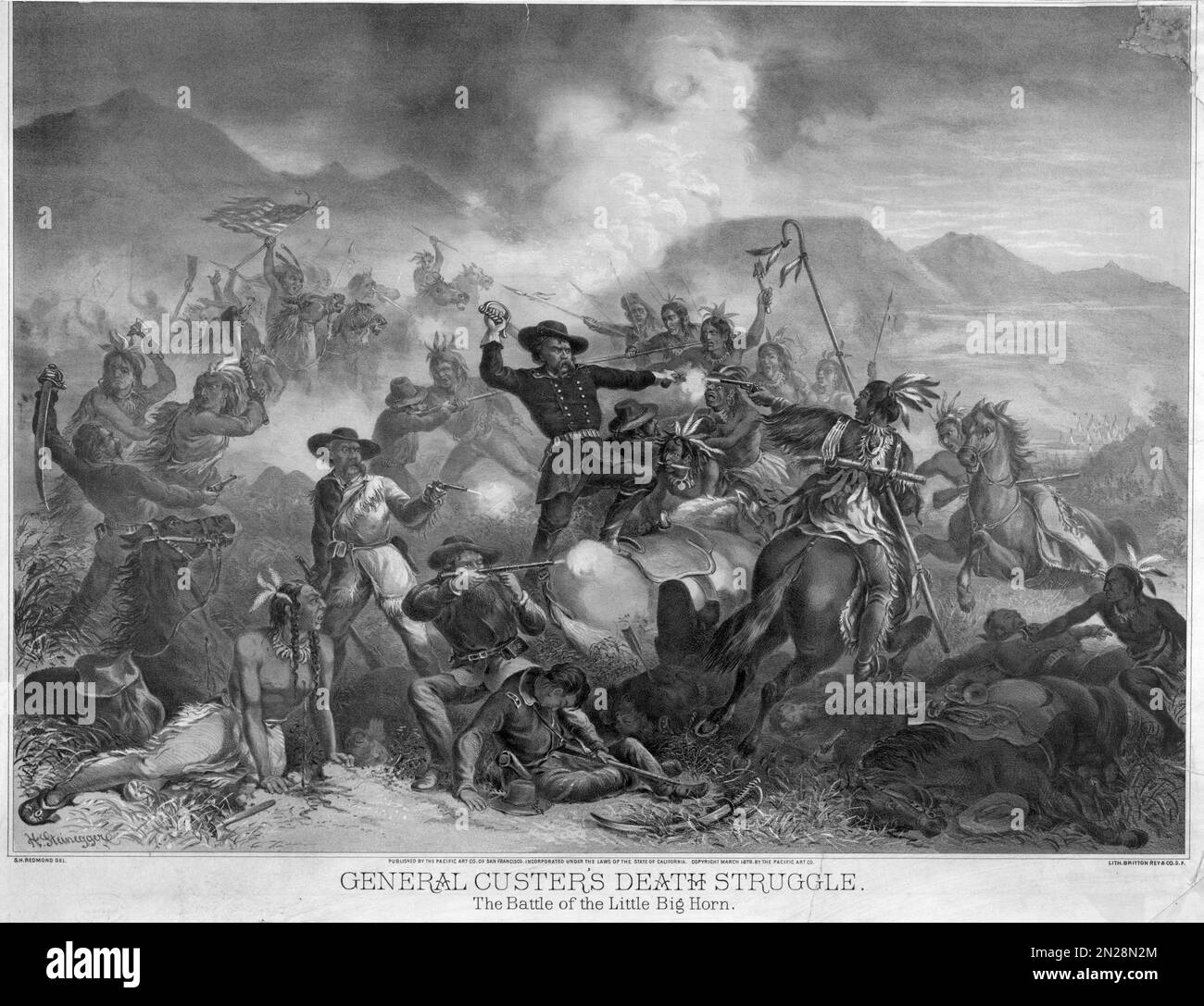 An illustration of Custer's Last Stand. A portrait of General George Custer who was killed and his entire force killed by the combined forces of the Lakota Sioux, Northern Cheyenne, and Arapaho tribes  at the Battle of Little Bighorn during the Great Sioux Wars of 1876. Stock Photo