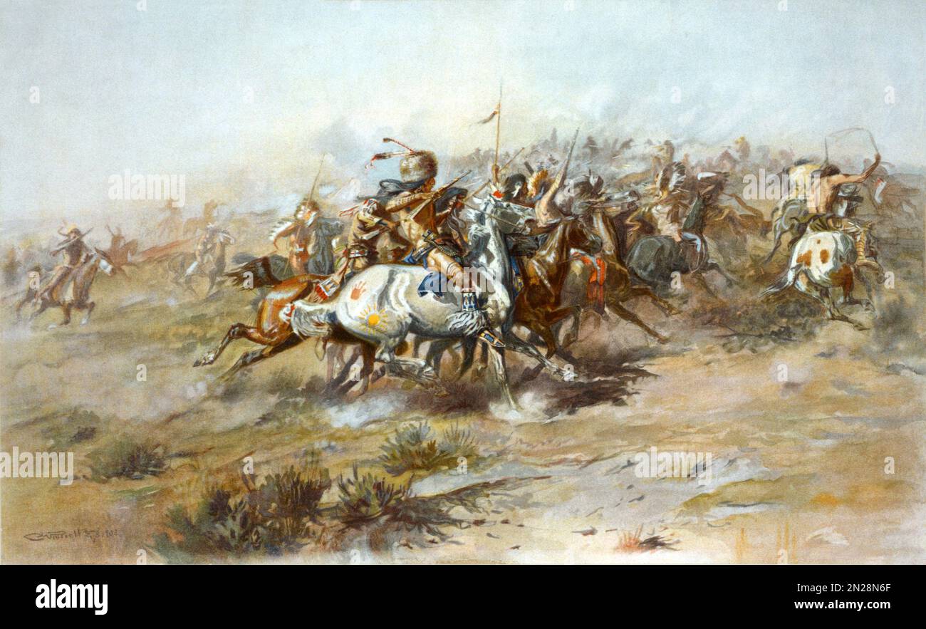 A painting of the First Nations tribes ina ction against Custer during The Battle of Little Bighorn. A portrait of General George Custer who was killed and his entire force killed by the combined forces of the Lakota Sioux, Northern Cheyenne, and Arapaho tribes during the Great Sioux Wars of 1876. Stock Photo