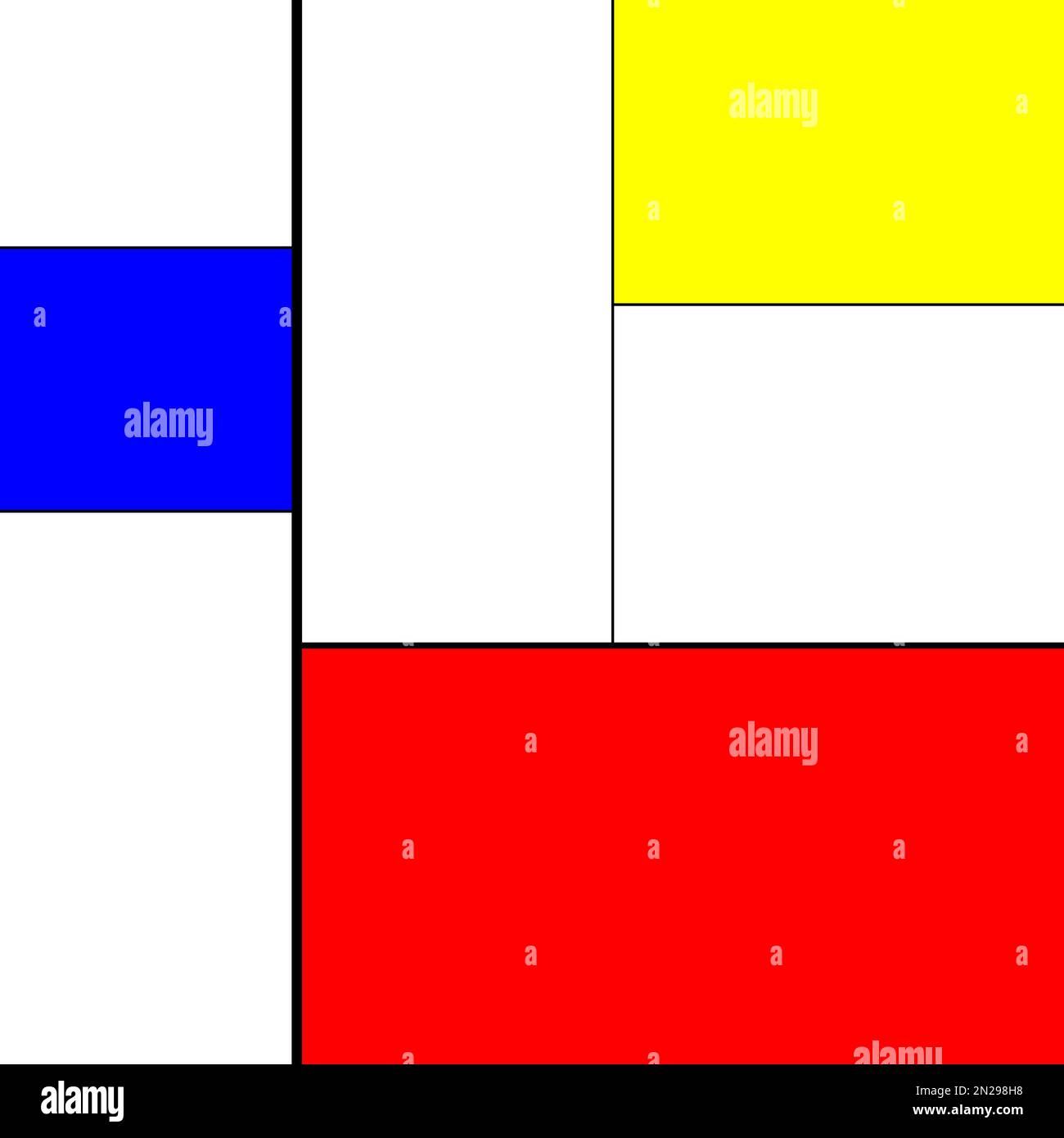 A Mondrian art style drawing, red and blue and yellow and white and black colors, artistic work, vector illustration Stock Photo