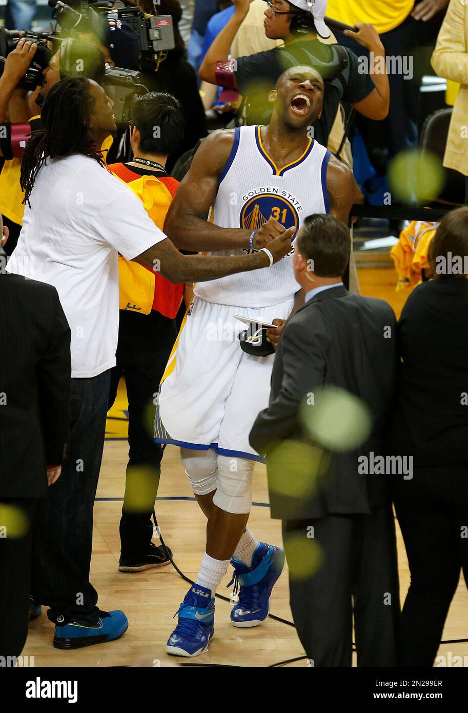 Golden State Warriors center Festus Ezeli (31) celebrates after Game 5 ...