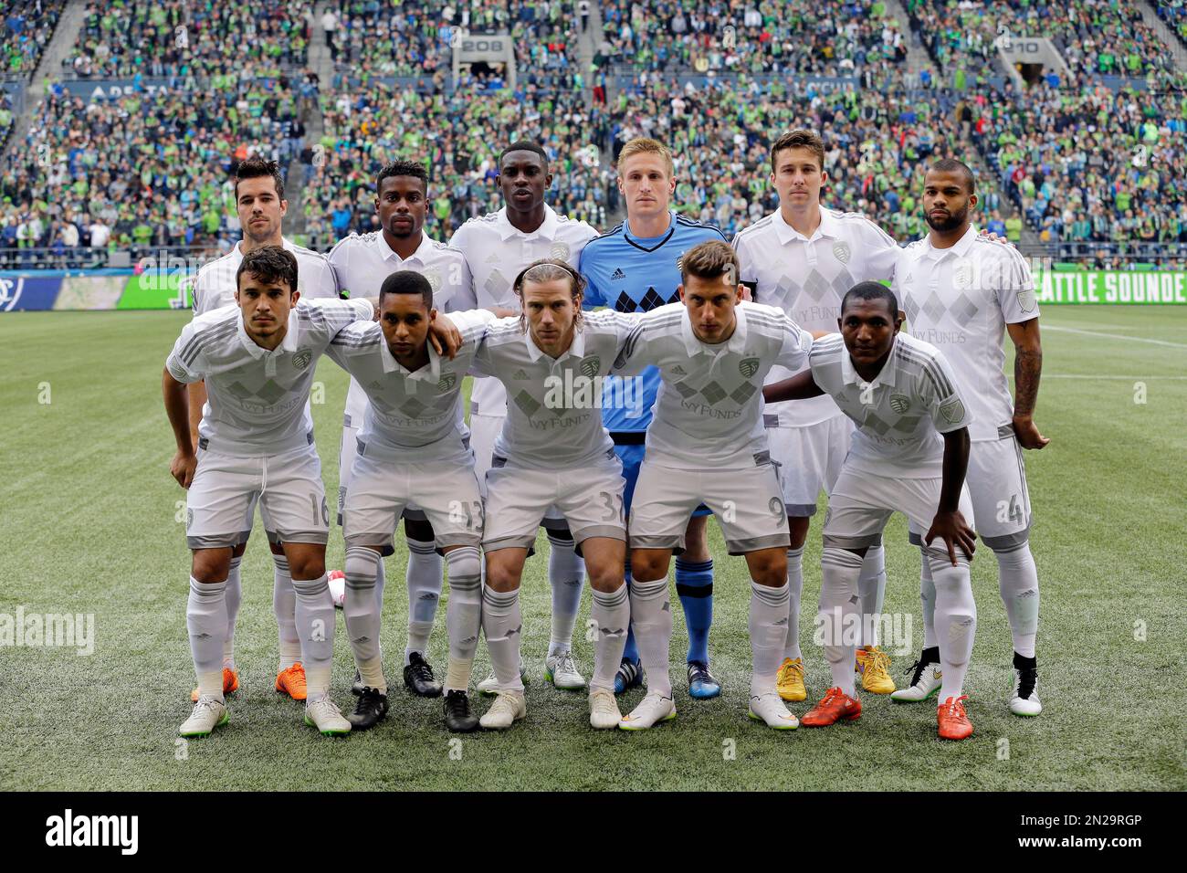 Sporting Kansas City players pose for a team portrait before an MLS