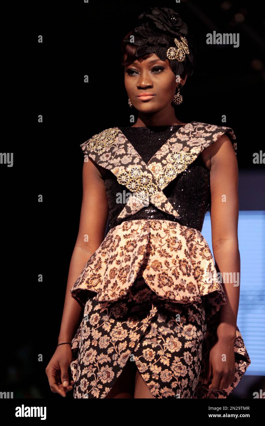 A model displays creations by designer ANUBA COUTURE during Africa Fashion  Week in Lagos, Nigeria, Saturday, May 23, 2015. (AP Photo/Sunday Alamba  Stock Photo - Alamy