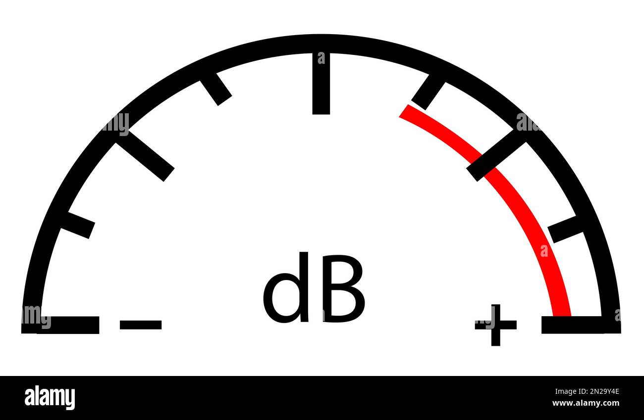 Decibel meter scale icon on white background. Gauge sound symbol. Sign volume amplifier sign. db logo. flat style. Stock Photo