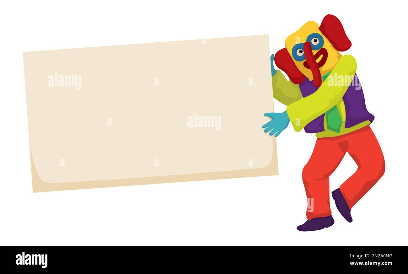 Rectangular sign template held by a happy and colorful Marimonda, character from Colombian's Carnival of Barranquilla. Design isolated in cartoon styl Stock Vector