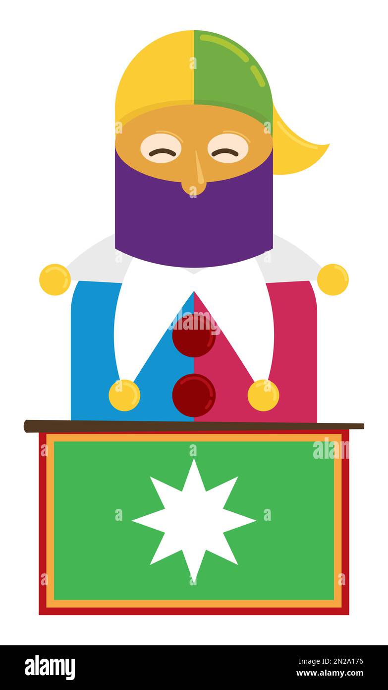 Happy Monocuco character with colorful costume over Barranquilla's flag in flat style, ready for the Carnival. Stock Vector