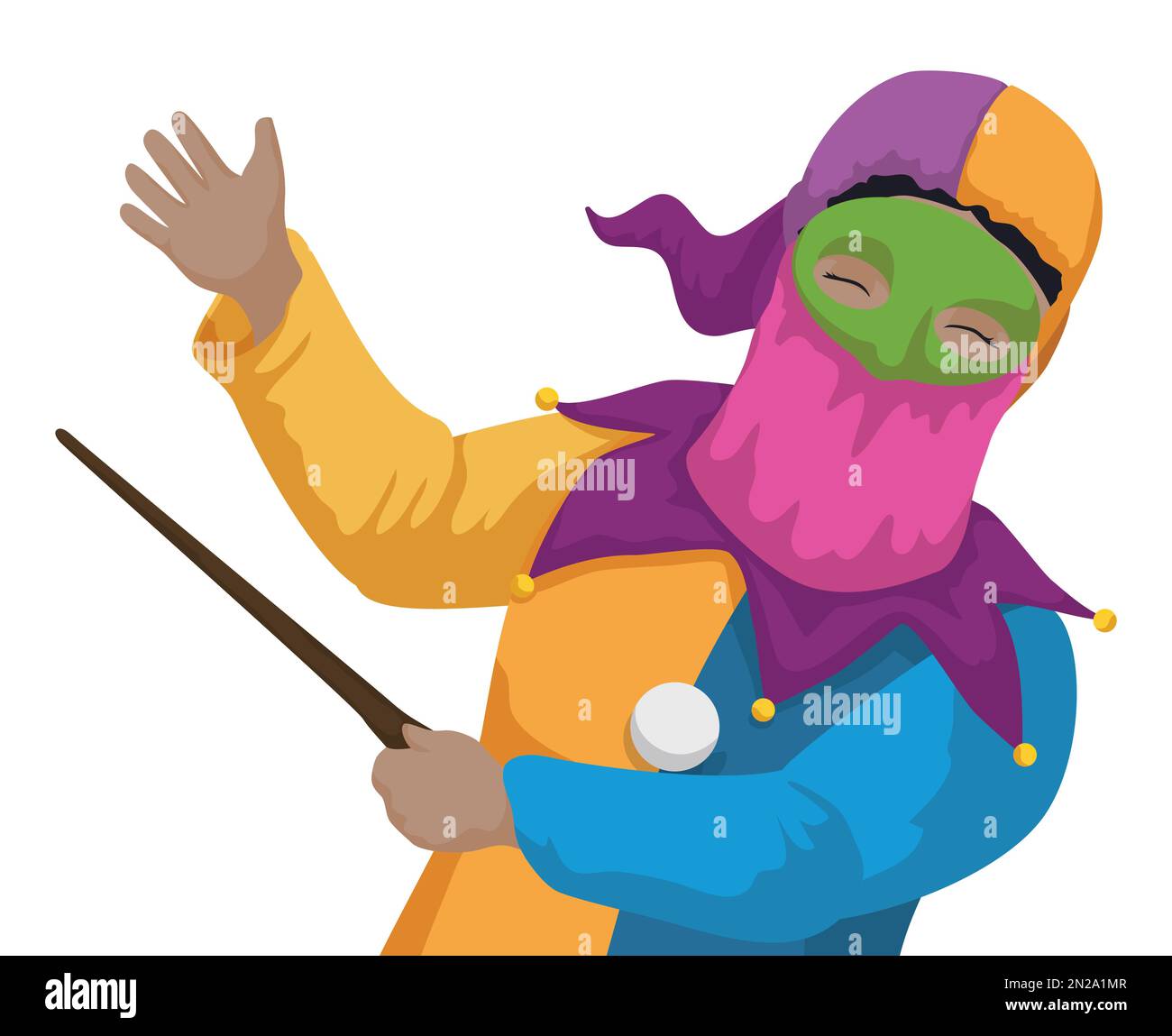 Colorful Monocuco character inviting you with its totumo's rod at the Barranquilla's Carnival. Design in cartoon style over white background. Stock Vector
