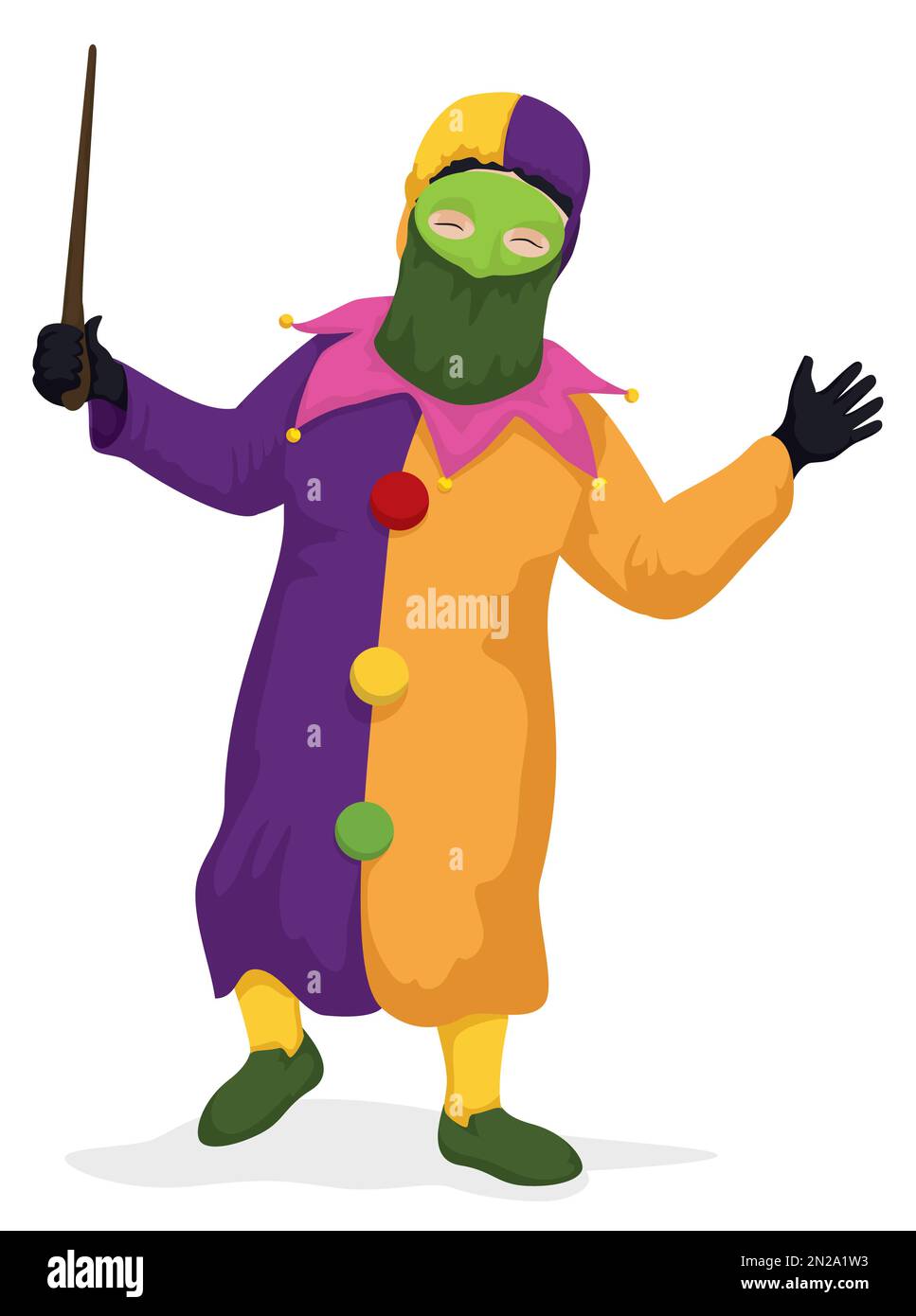 Isolated Monocuco character from Barranquilla's Carnival with traditional costume: colorful suit, hood, mask, big buttons, jingle bells and totumo's r Stock Vector